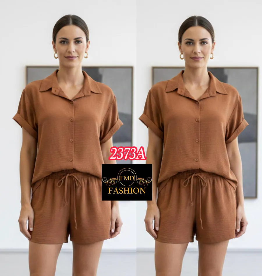 Conjunto Feminino Casual Verão - Camisete e Shorts em Viscolinho · Castanho