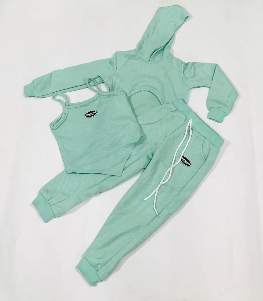 Conjunto Hoodie Casual com Colete e Calça Jogger para Meninas Tween · Verde