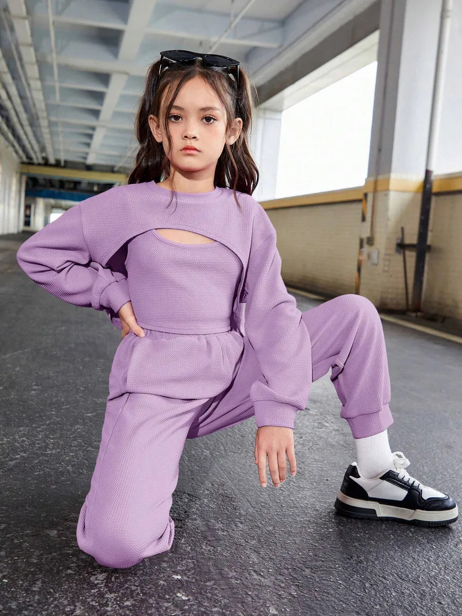 Conjunto Hoodie Casual com Colete e Calça Jogger para Meninas Tween · Roxo