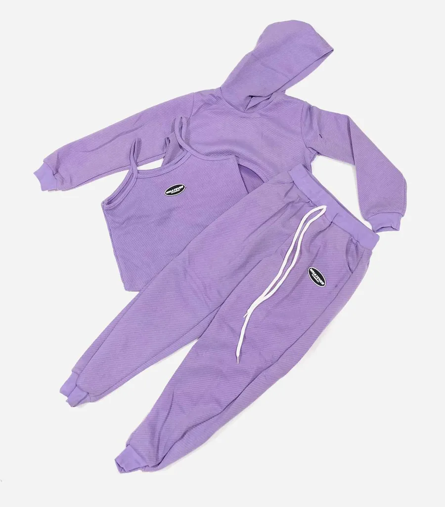 Conjunto Hoodie Casual com Colete e Calça Jogger para Meninas Tween · Roxo