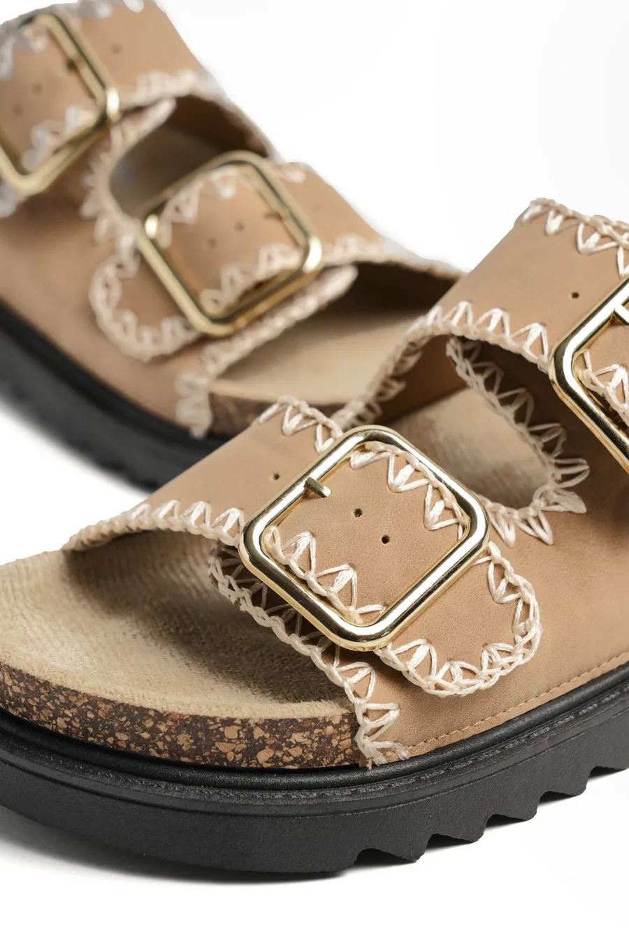 Chinelos Double Buckle em poliéster · Senhora · Caqui