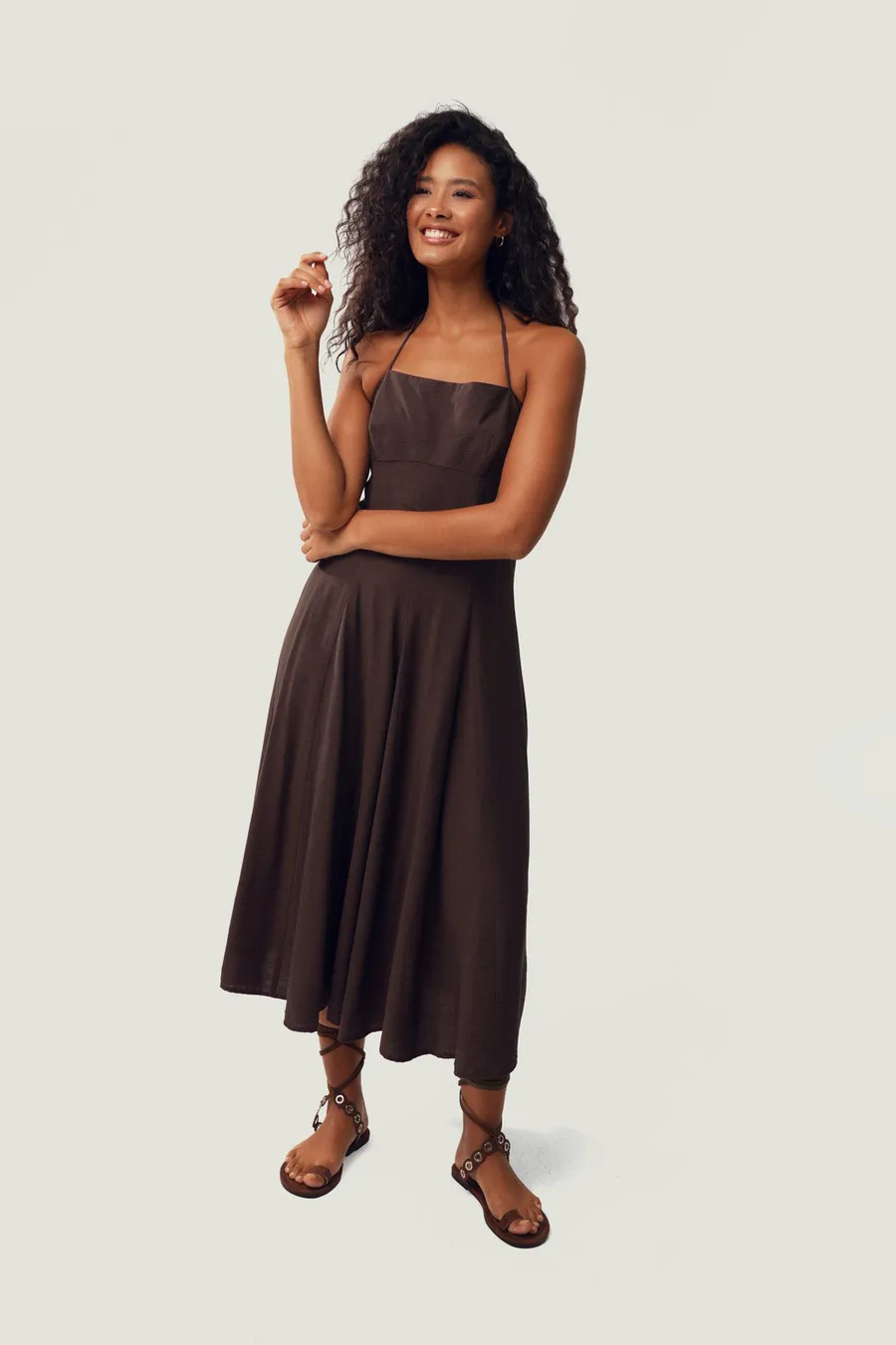 Vestido boca de sino Fit em algodão · Senhora · Castanho