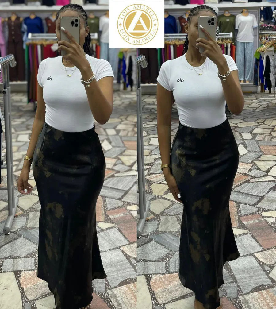 Saia Midi Cetim Estampada Lulu Rose