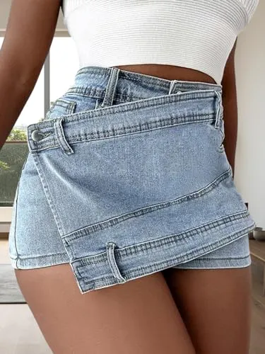 Skort Jeans Feminino Cintura Alta Estilo Coreano
