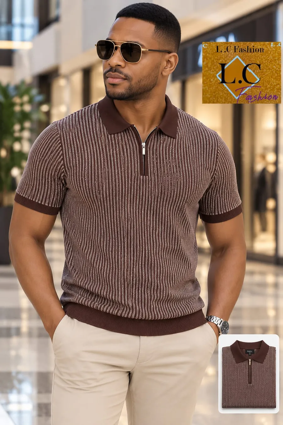 Camisola Polo com Fecho e Listras Castanho / Branco