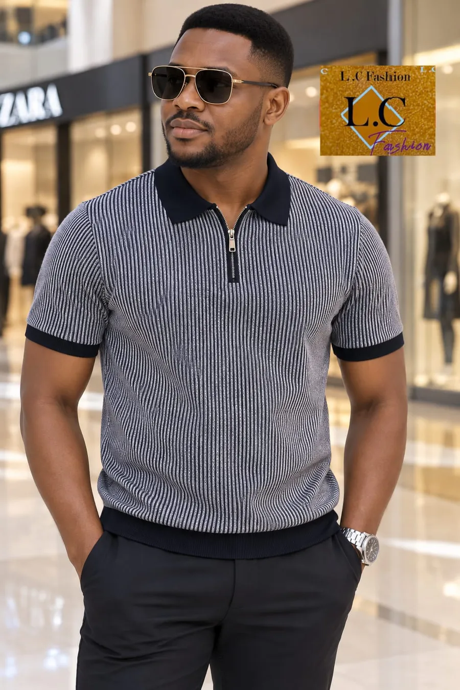 Camisola Polo com Fecho e Listras Preto ⚫ / Cinzento 🌫️