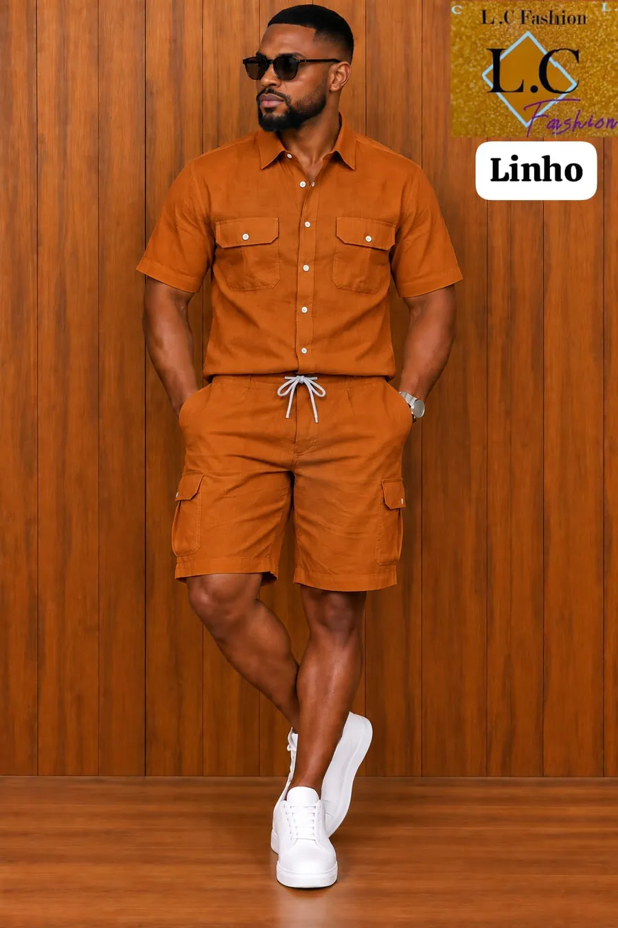 Conjunto de Camisa e Calções Cargo em Linho Laranja