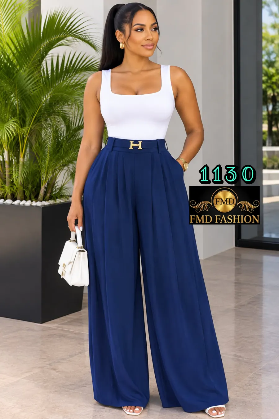 Calças Pantalona de Pano com Cinto Azul Marinho