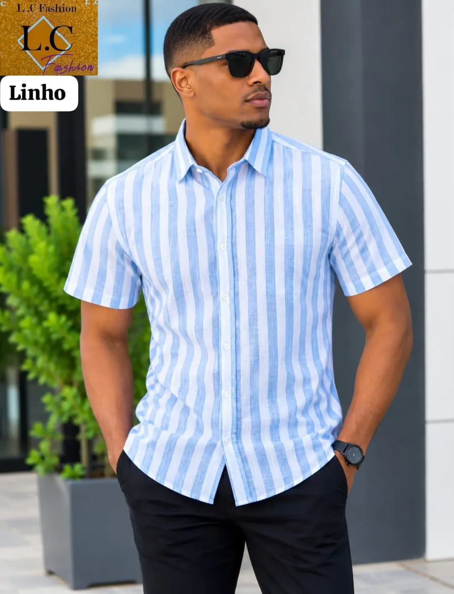 Camisa Masculina de Linho Manga Curta a Riscas