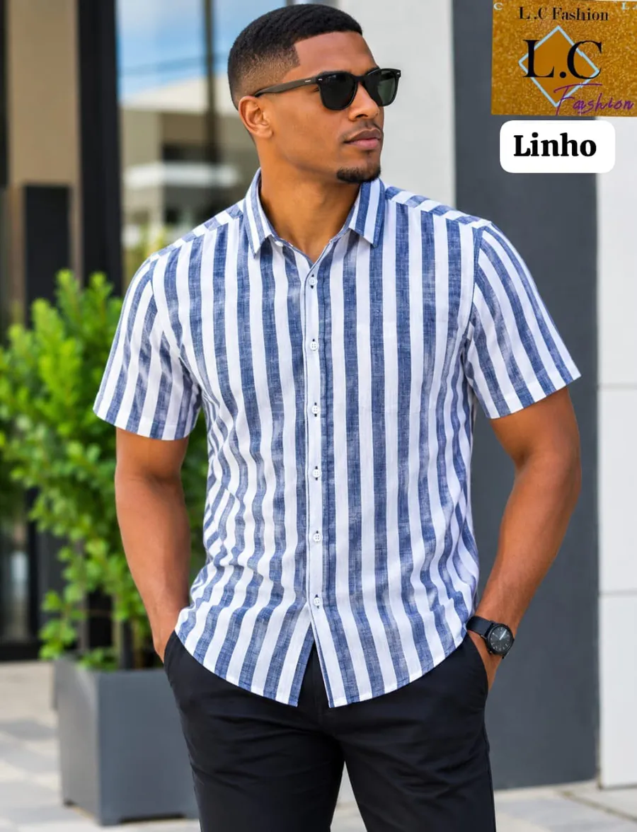 Camisa Masculina de Linho Manga Curta a Riscas Azul /Branco