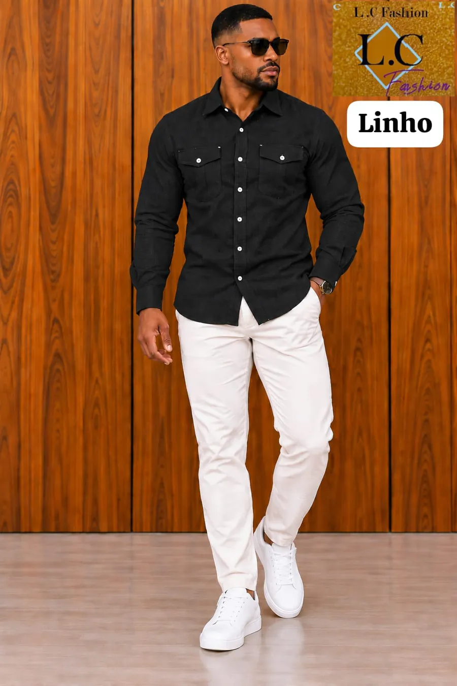 Camisa de Linho com Bolsos Frontais Preto ⚫