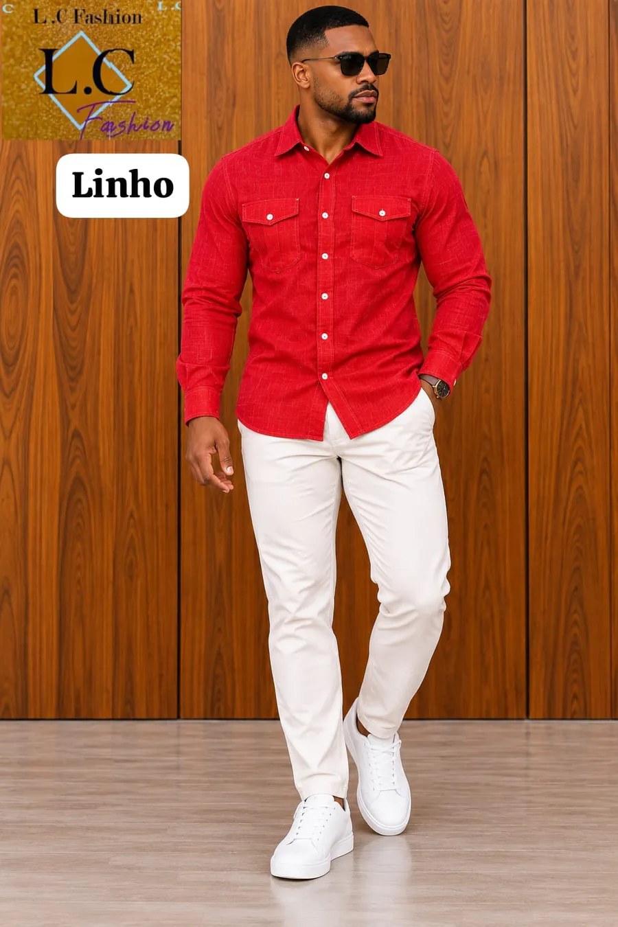 Camisa de Linho com Bolsos Frontais Vermelho