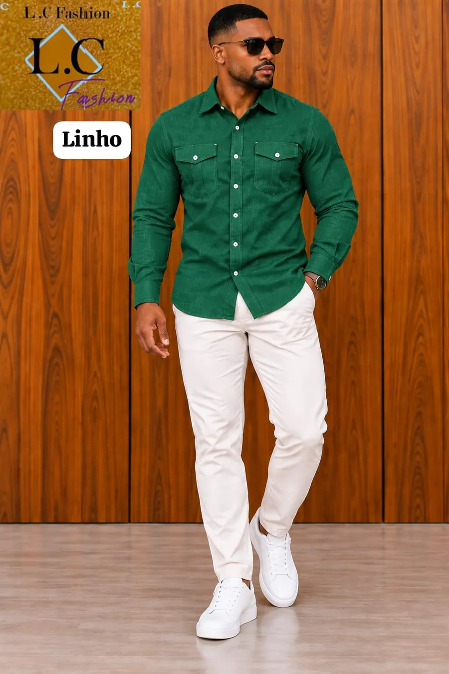Camisa de Linho com Bolsos Frontais Verde
