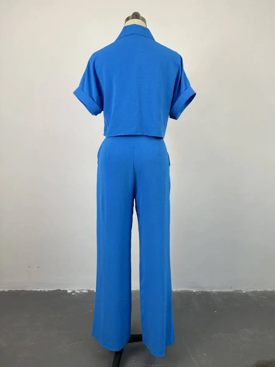 Conjunto Elegante Multicolor Manga Curta Calça Ampla