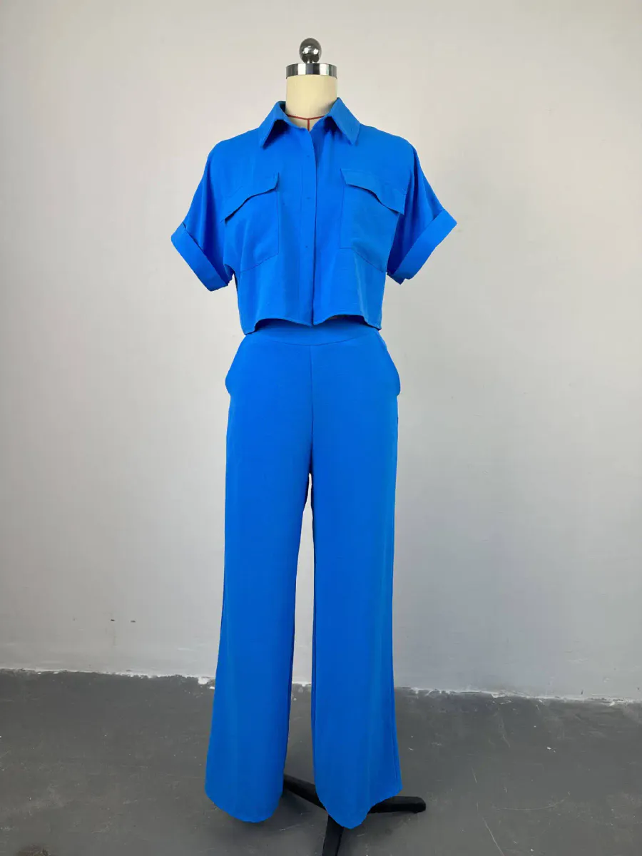 Conjunto Elegante Multicolor Manga Curta Calça Ampla