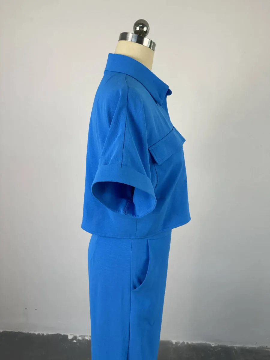 Conjunto Elegante Multicolor Manga Curta Calça Ampla