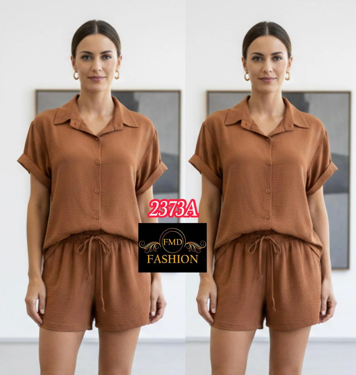 Conjunto Feminino Casual Verão - Camisete e Shorts em Viscolinho · Castanho