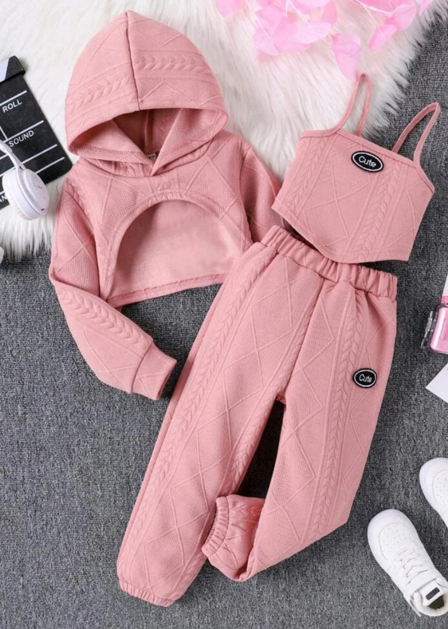 Conjunto Hoodie Casual com Colete e Calça Jogger para Meninas Tween · Rosa