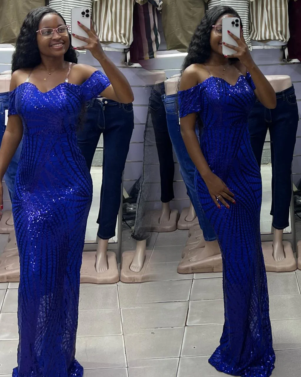 Vestido Longo Sereia com Lantejoulas e Ombro Caído Azul Royal
