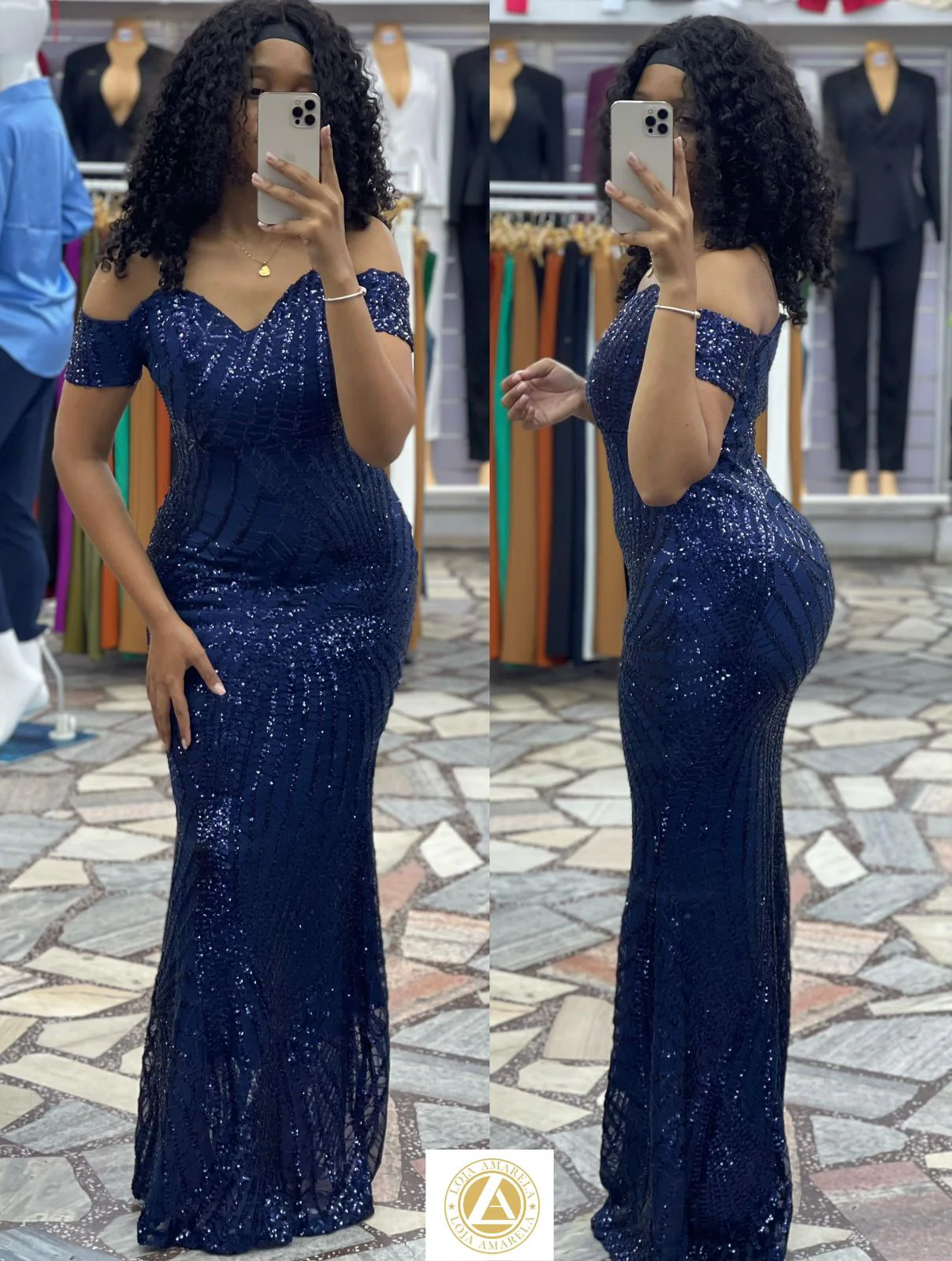Vestido Longo Sereia com Lantejoulas e Ombro Caído