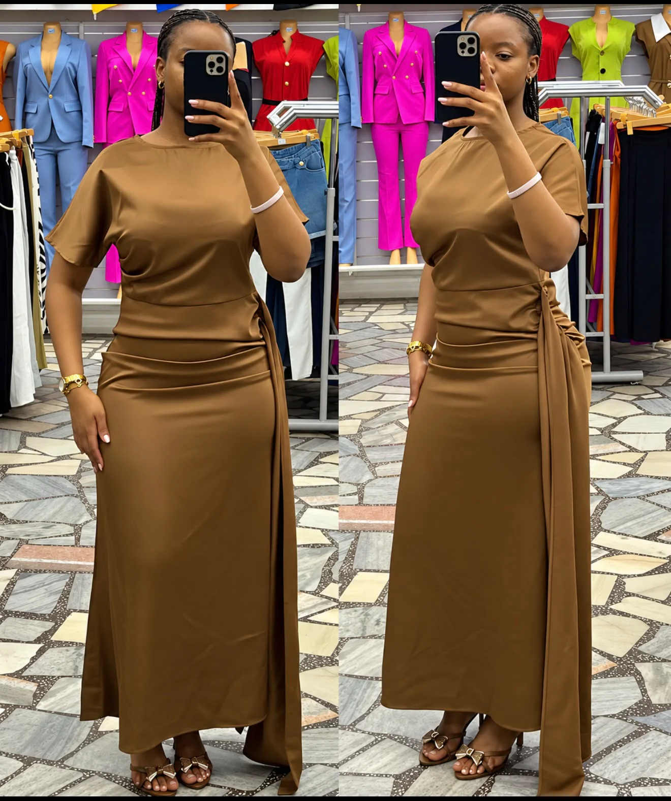 Vestido Casual com Detalhe Drapeado Castanho
