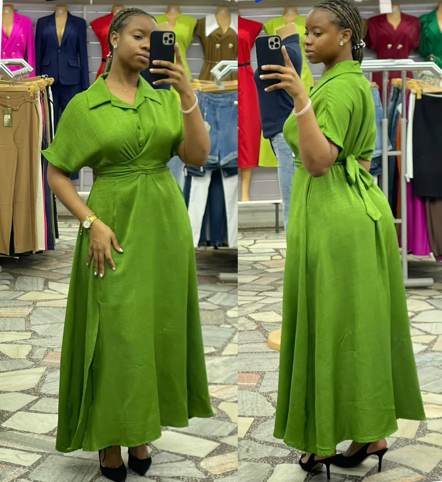 Vestido Longo com Amarração na Cintura e Fenda