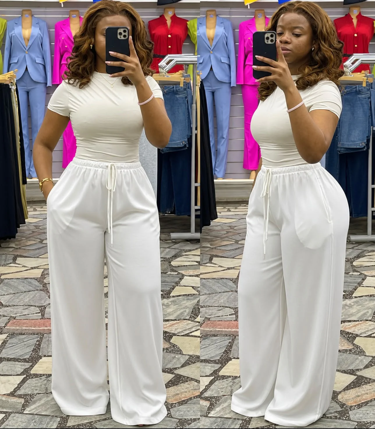 Calças Wide Leg de Cetim com Cordão Branco
