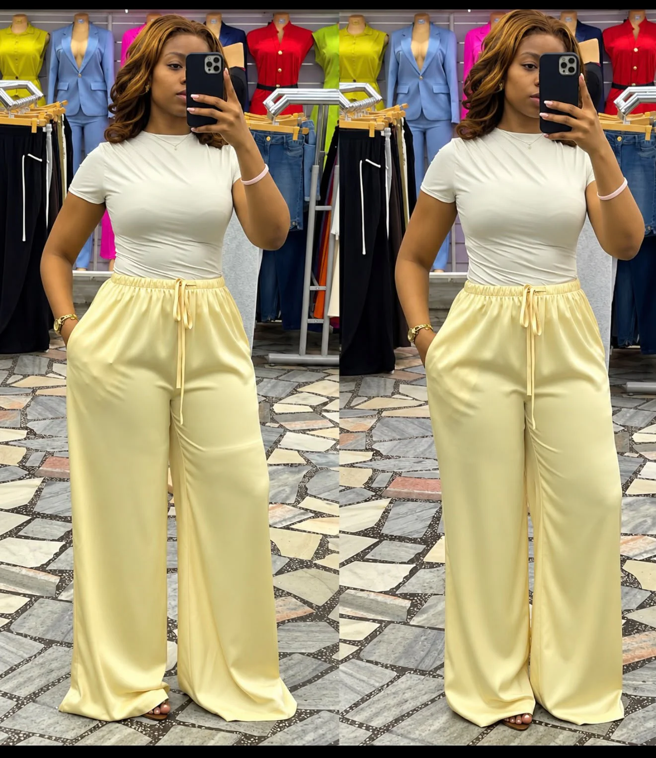 Calças Wide Leg de Cetim com Cordão Amarelo