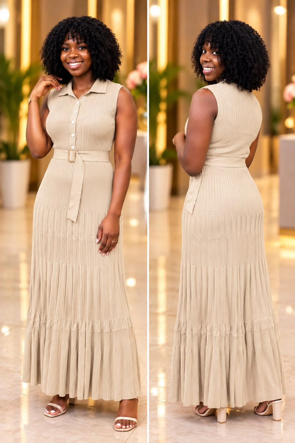 Vestido Longo de Malha Canelada Plissada Bege