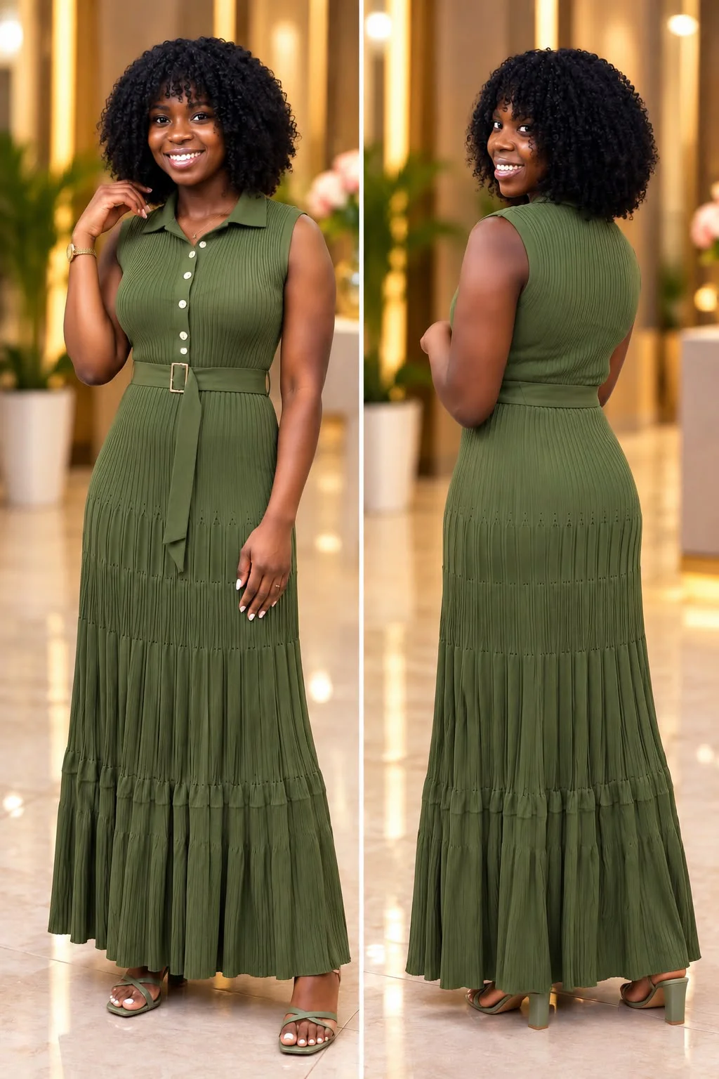 Vestido Longo de Malha Canelada Plissada Verde Oliva