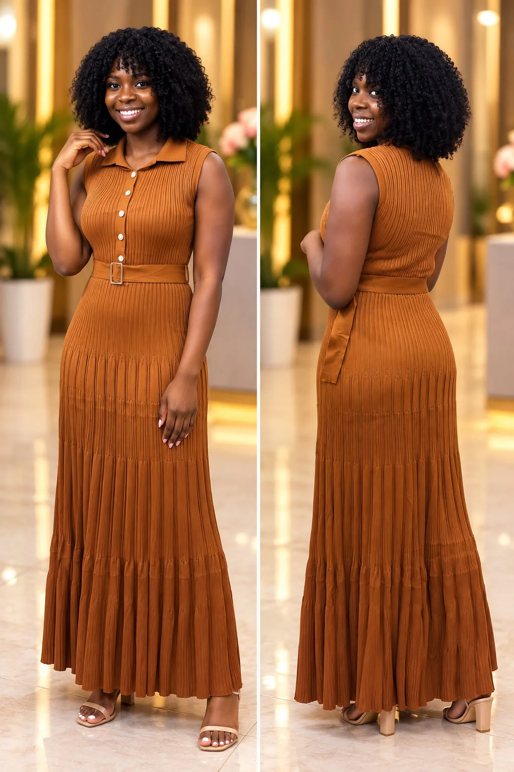 Vestido Longo de Malha Canelada Plissada Castanho
