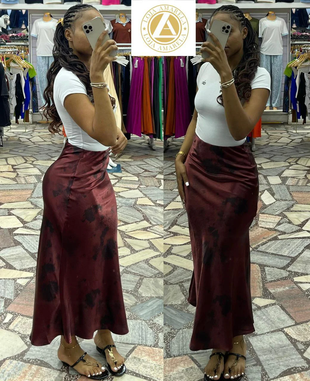 Saia Midi Cetim Estampada Lulu Rose Vinho🍷