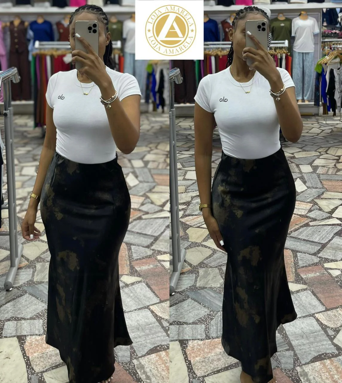 Saia Midi Cetim Estampada Lulu Rose Preto ⚫