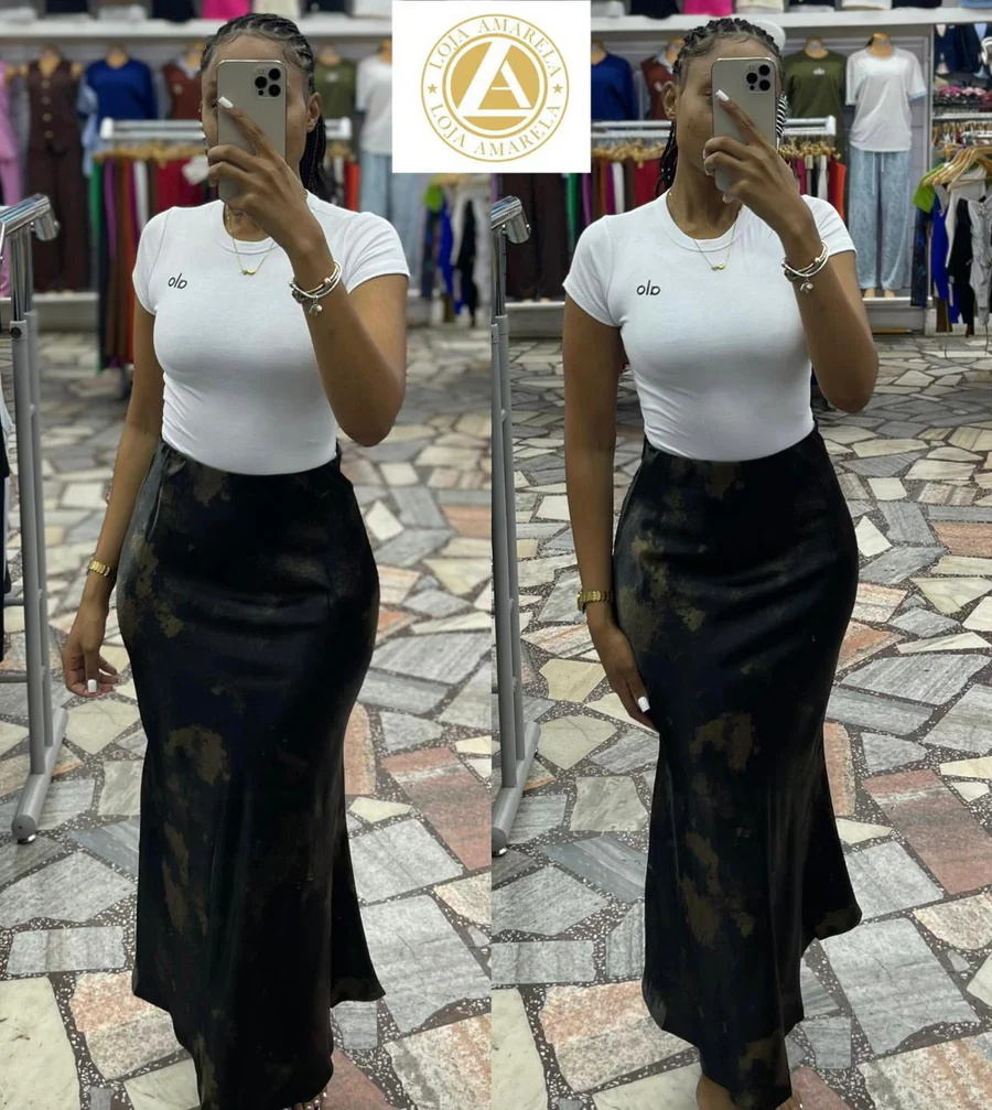Saia Midi Cetim Estampada Lulu Rose
