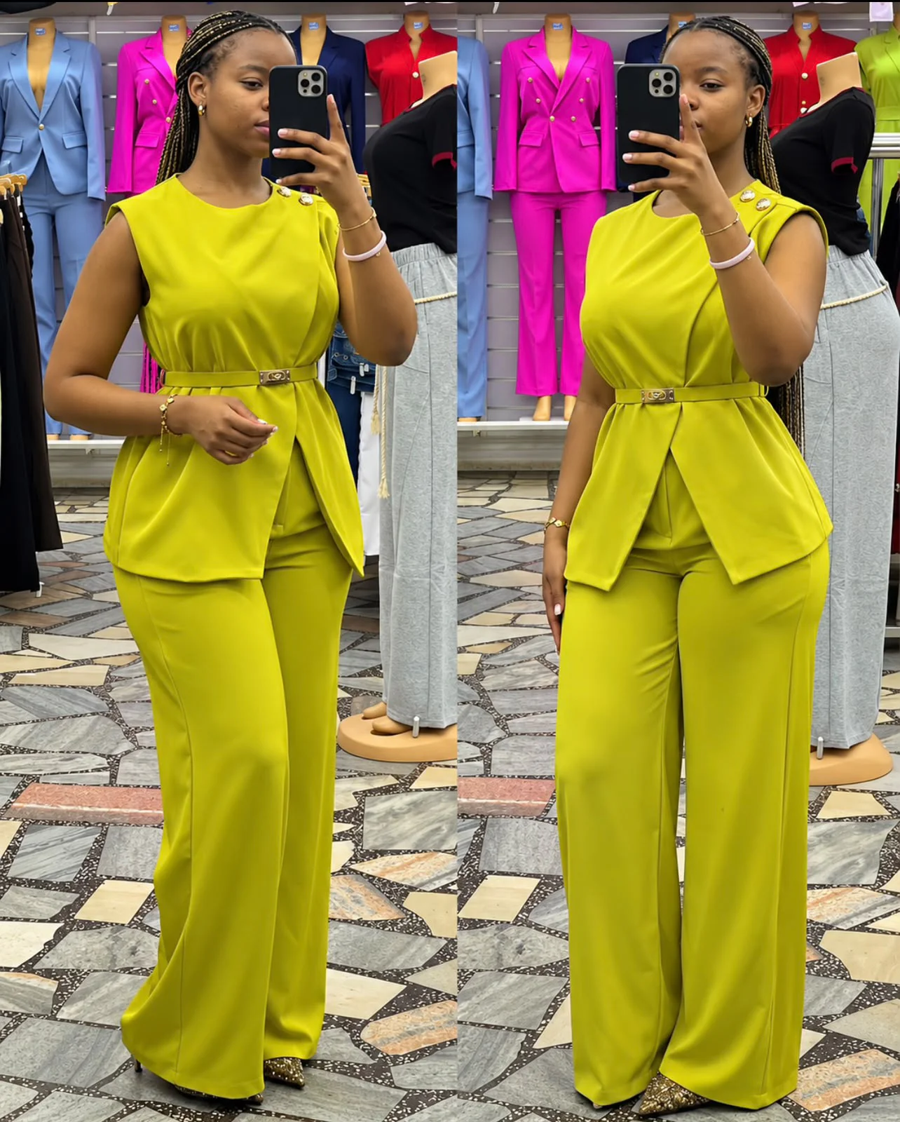 Conjunto Feminino de Blusa Peplum e Calça Larga com Cinto Verde