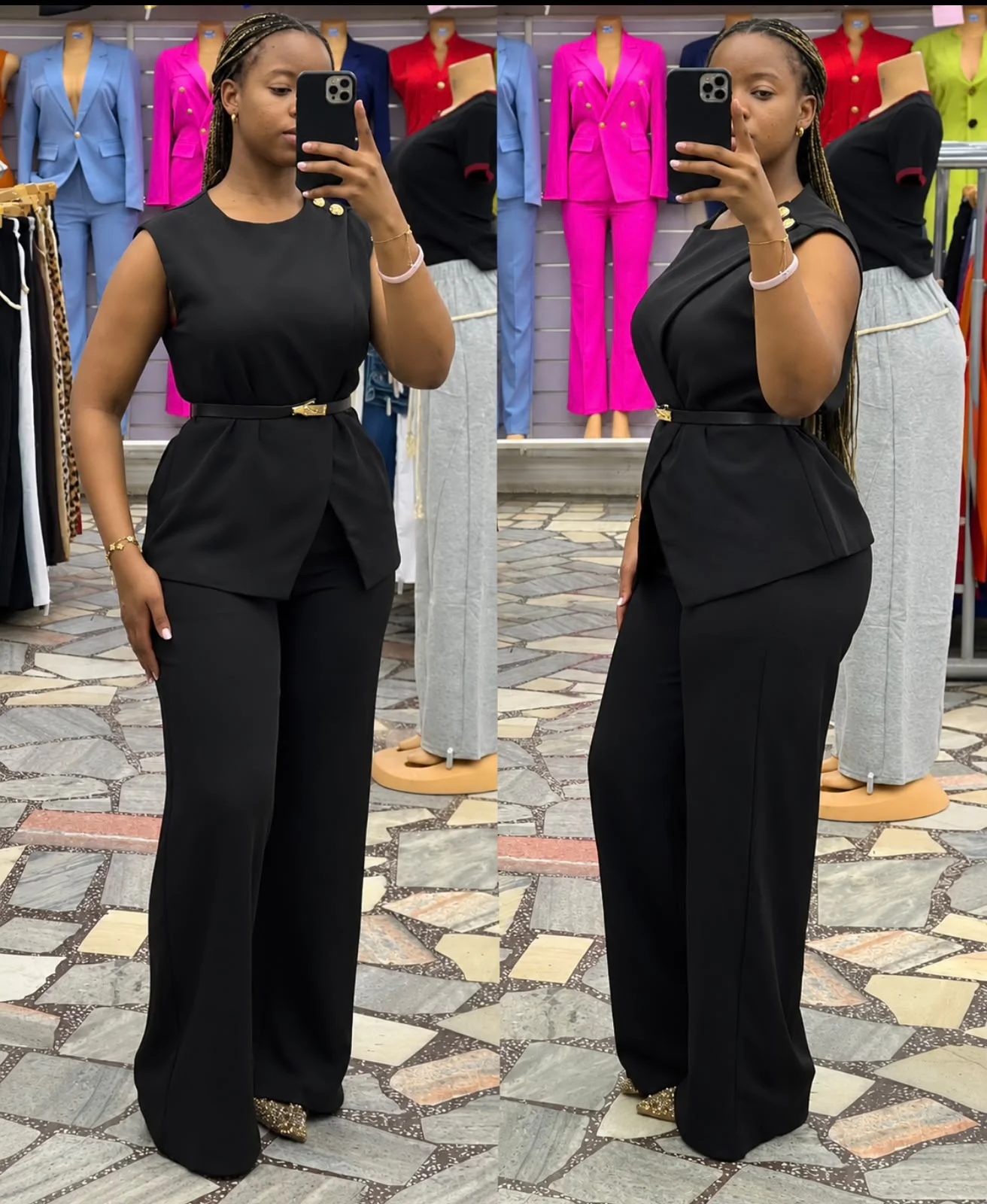 Conjunto Feminino de Blusa Peplum e Calça Larga com Cinto Preto