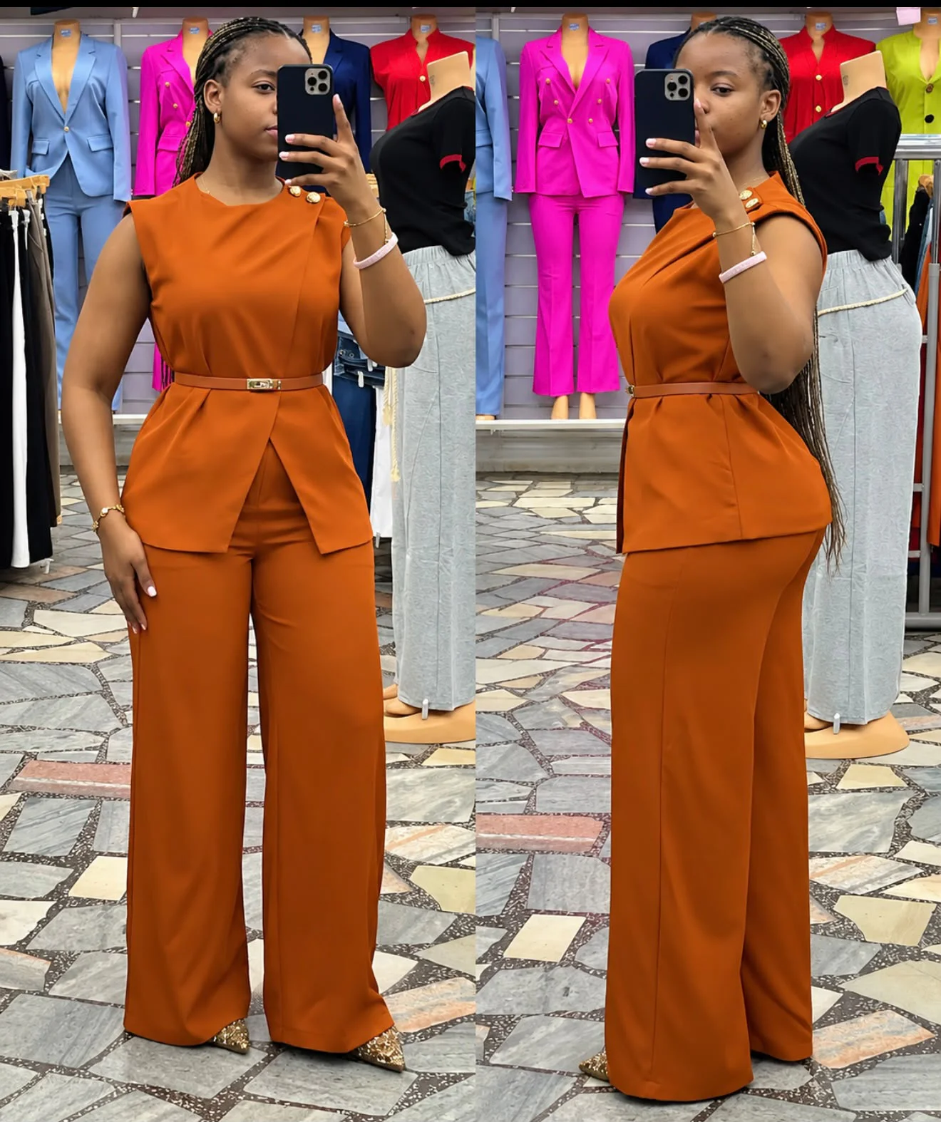 Conjunto Feminino de Blusa Peplum e Calça Larga com Cinto