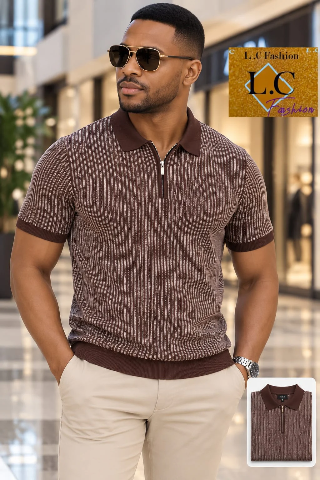 Camisola Polo com Fecho e Listras Castanho / Branco