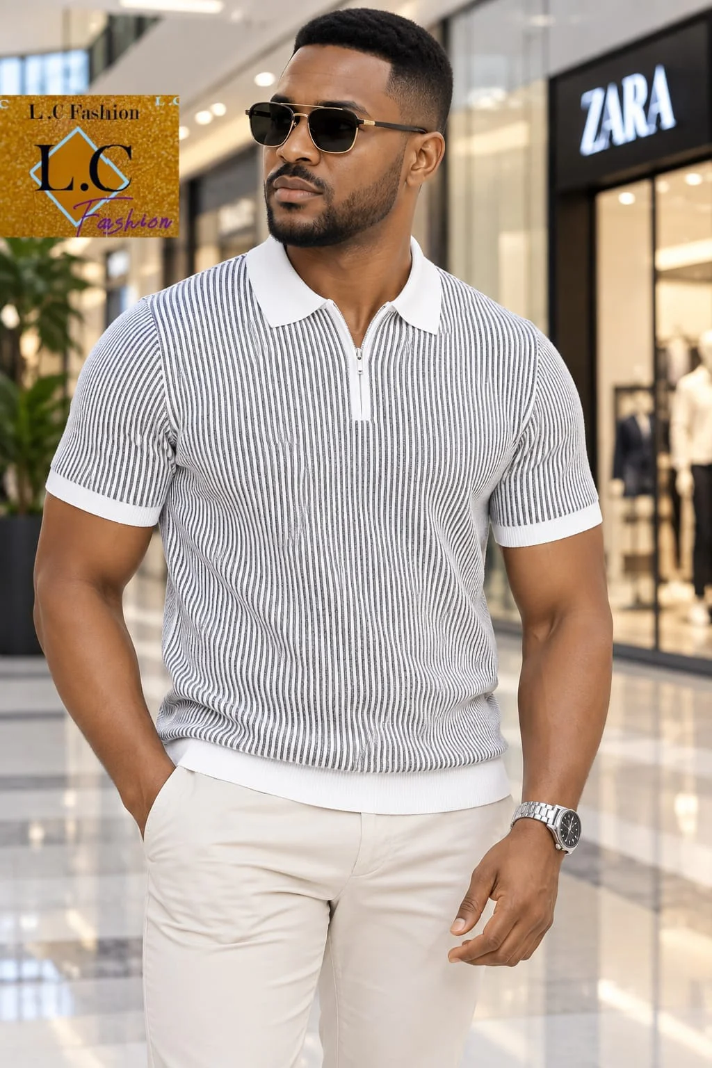Camisola Polo com Fecho e Listras