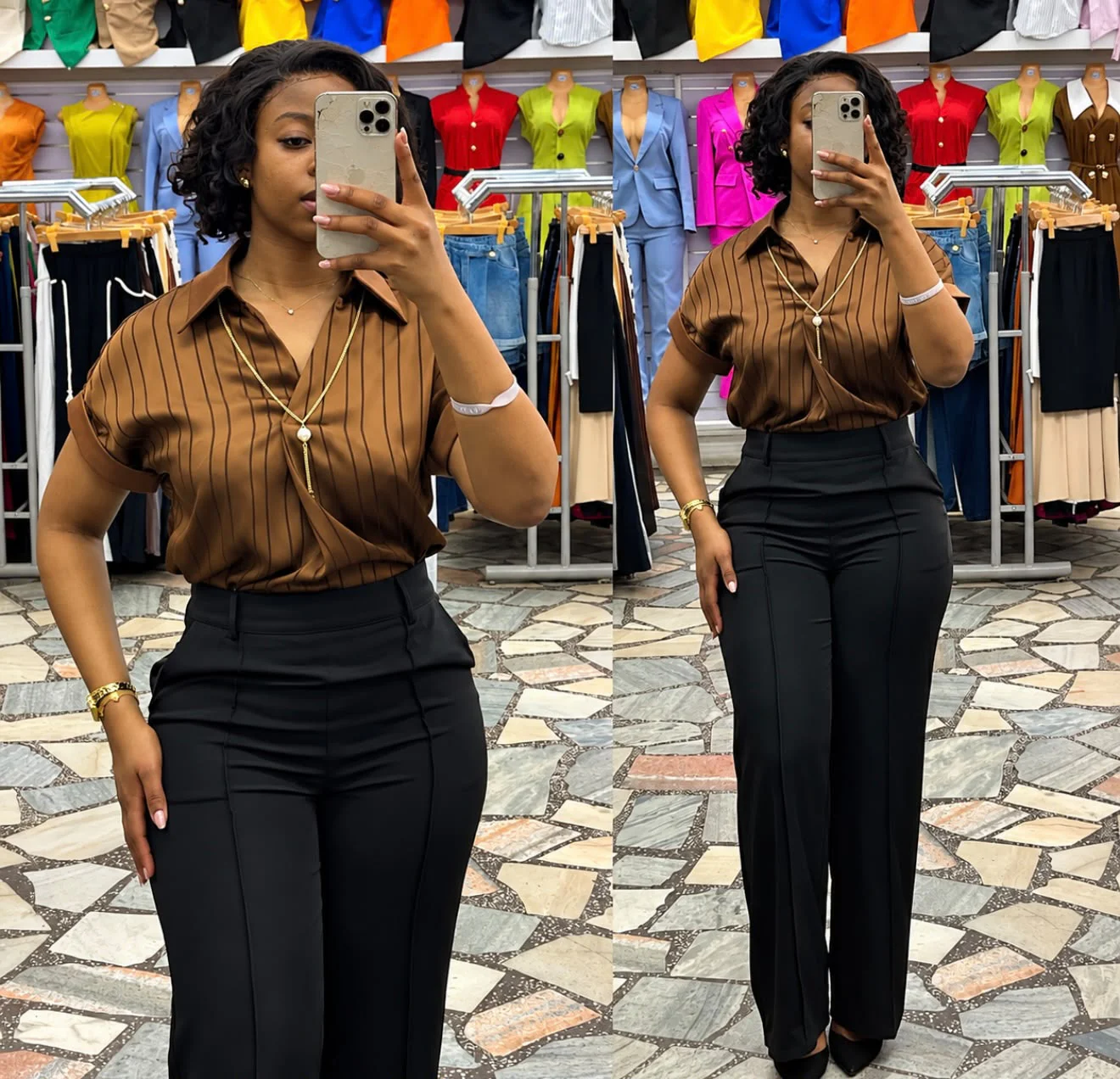 Blusa Feminina Manga Curta Listrada Castanho