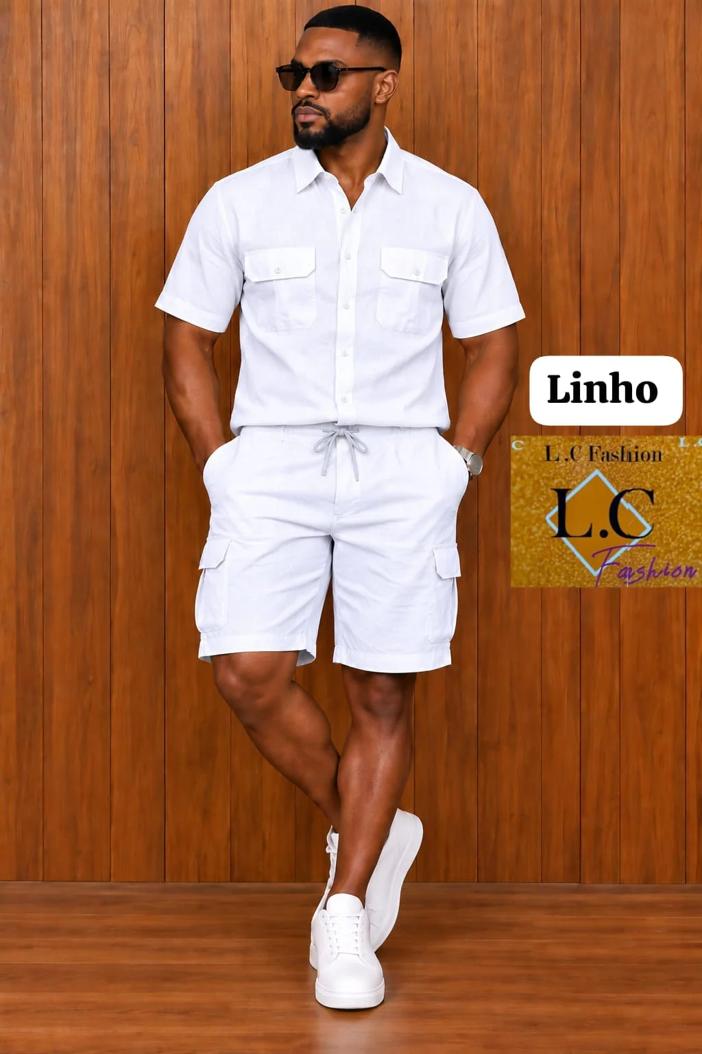 Conjunto de Camisa e Calções Cargo em Linho
