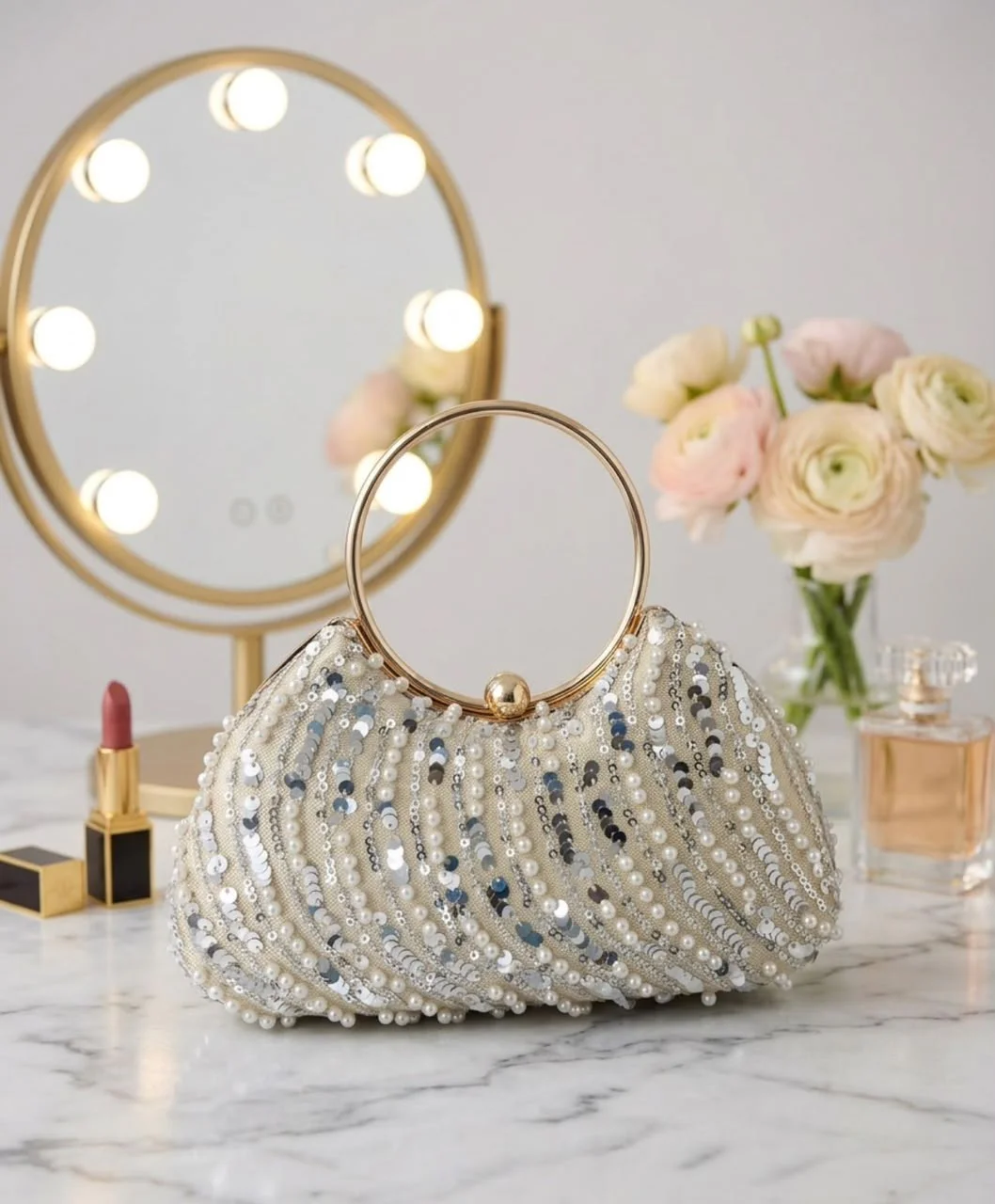 Bolsa de Mão Clutch com Pérolas e Lantejoulas Creme🟤⚪