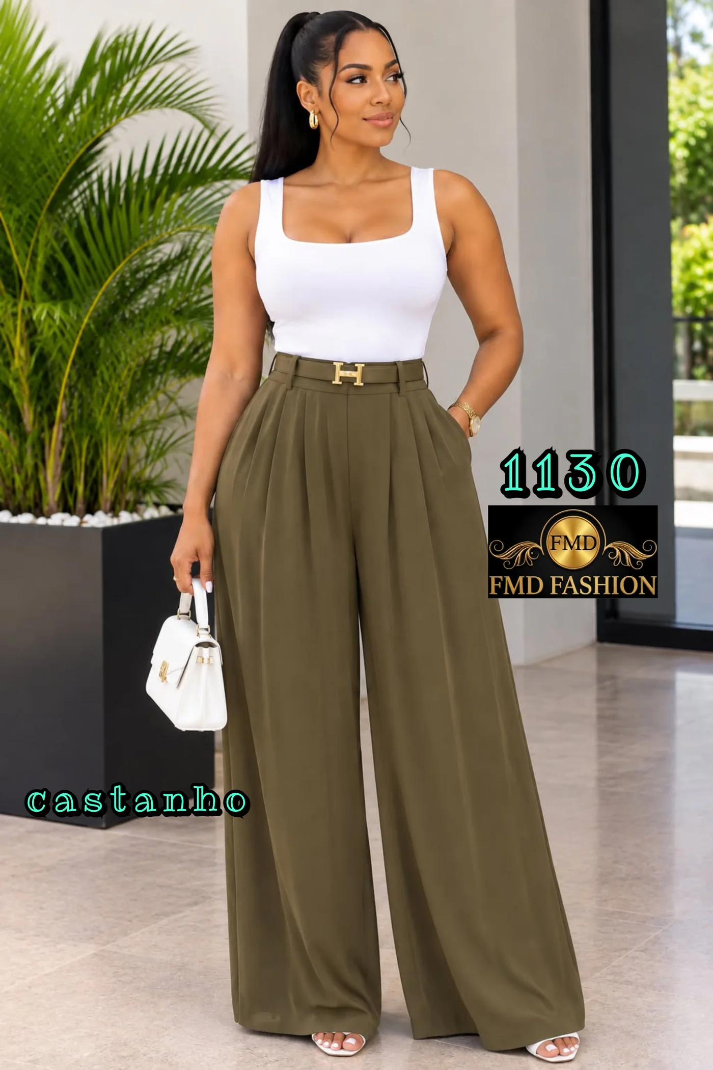 Calças Pantalona de Pano com Cinto Castanho