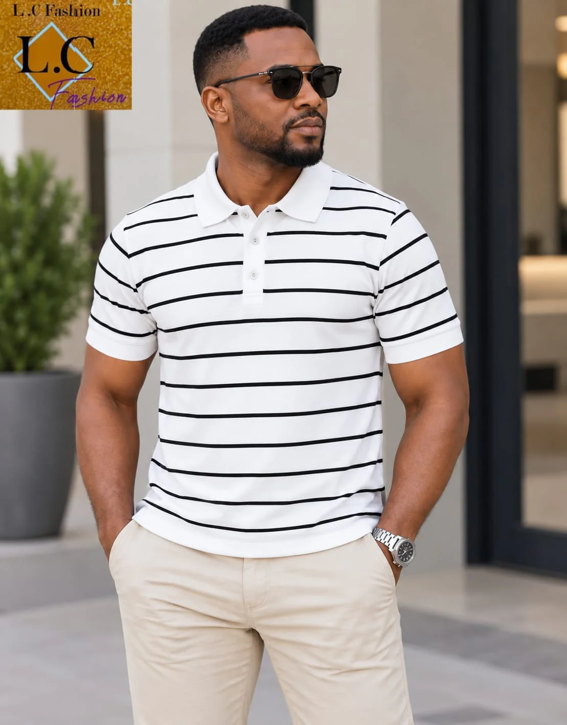 Camisa Polo Listrada Masculina Branco ⚪ / Preto ⚫