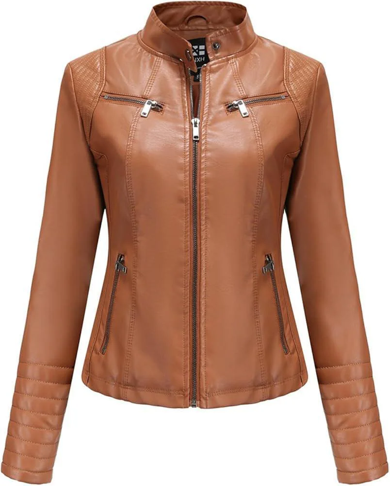 Jaqueta Feminina Punk Street Couro Outono/Inverno · Caqui