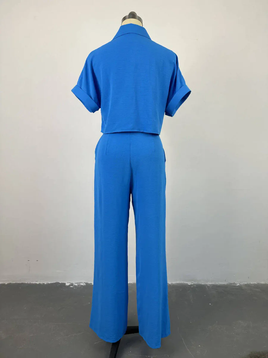 Conjunto Elegante Multicolor Manga Curta Calça Ampla