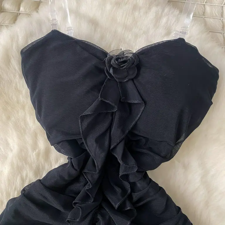 Vestido Sexy Feminino com Alças Transparentes e Flores Tridimensionais