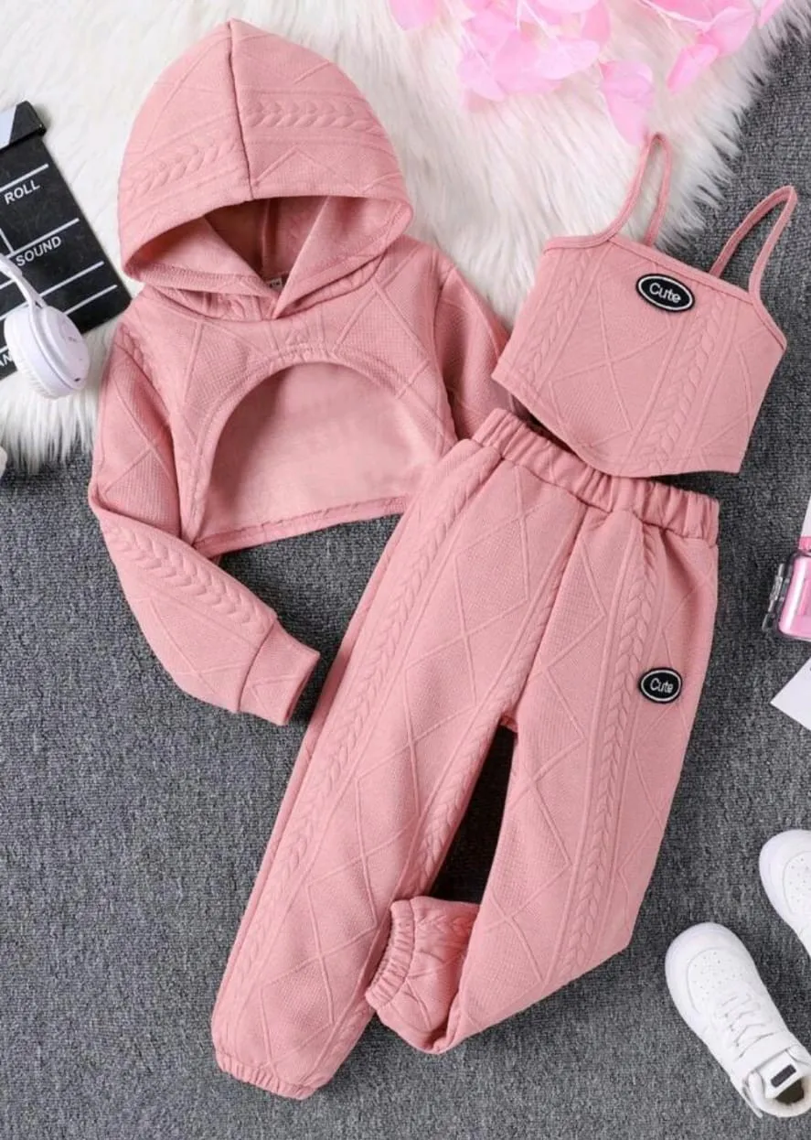 Conjunto Hoodie Casual com Colete e Calça Jogger para Meninas Tween · Rosa