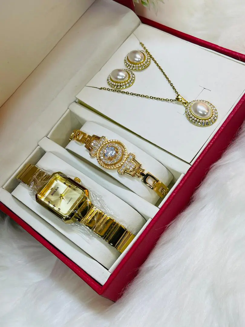 Conjunto de Joias Luxo Dourado - Relógio Rolex, Pulseira, Colar e Brincos