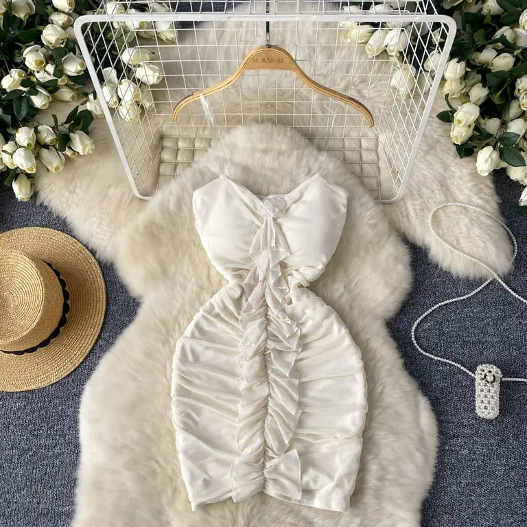 Vestido Sexy Feminino com Alças Transparentes e Flores Tridimensionais